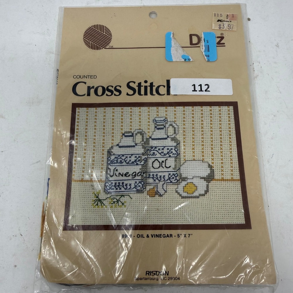 Vintage 1983 Dritz Counted Cross Stitch Kit 8901 Oil & Vinegar Kitchen 5x7 NEW